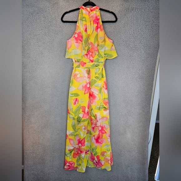 Eliza J Womens Watercolor Floral Hi Lo Hem Dress Sz 2 Yellow & Pink Halter - Picture 8 of 11